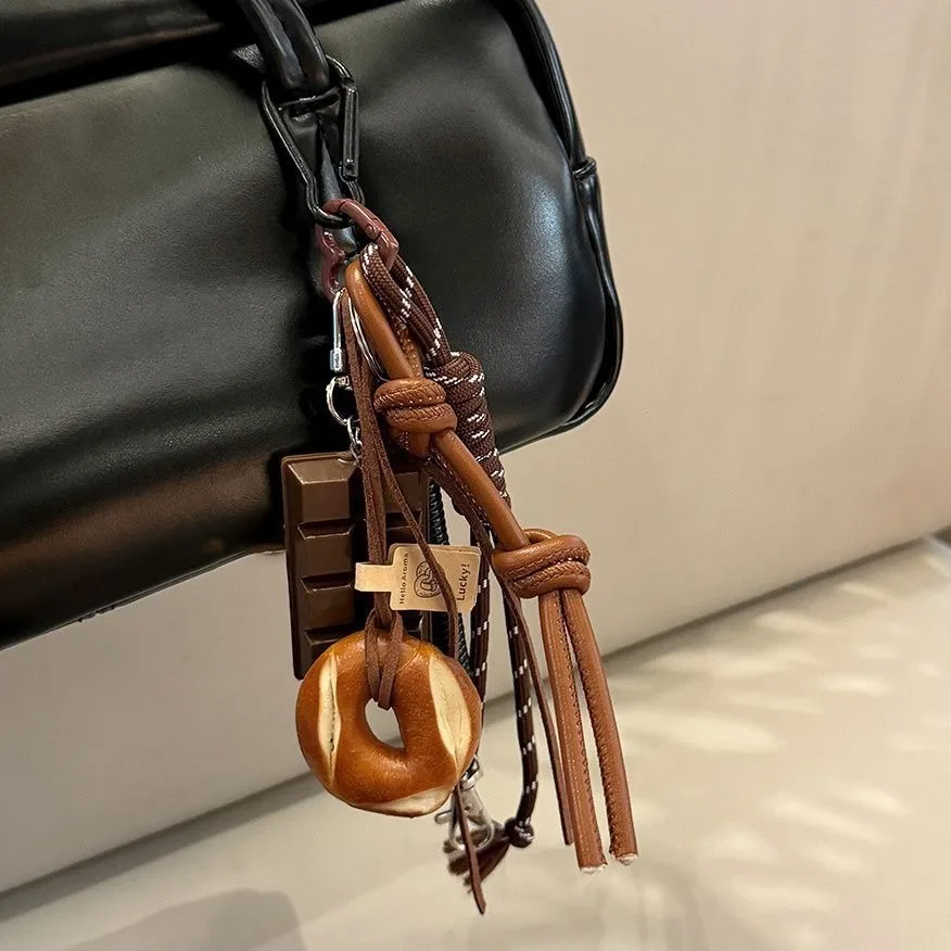 2024 Newest Hand Woven Ropes Suit Korean Braided Strap PU Rope Chocolate Pendant Bag Accessories Car Keyring for Women