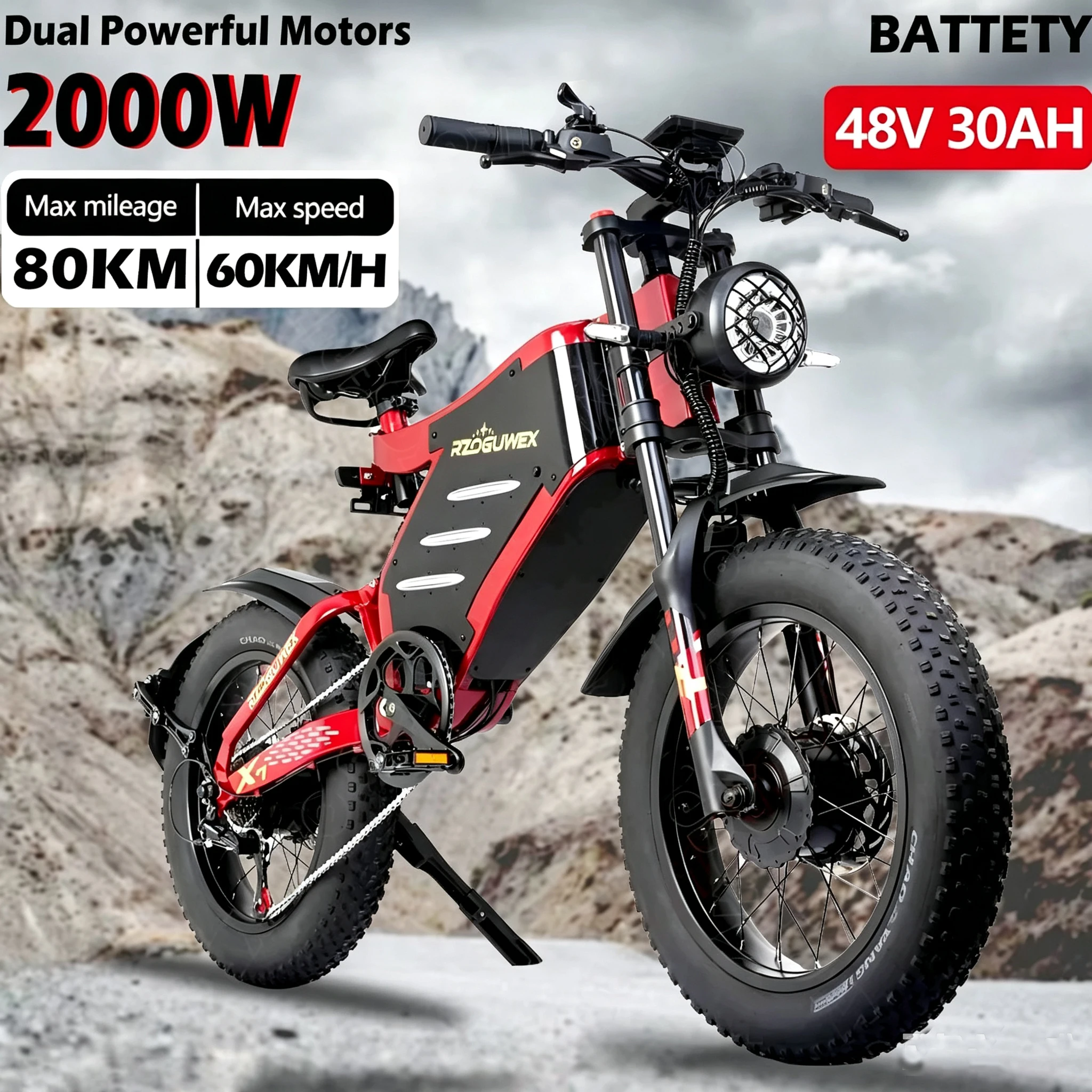 2026 Neues RZOGUWEX X7 E-Bike mit Doppelmotor, 48V 30AH Akku, Doppel-Hydraulikbremse, Elektrofahrrad mit 20-Zoll-Fat-Reifen für jedes Gelände