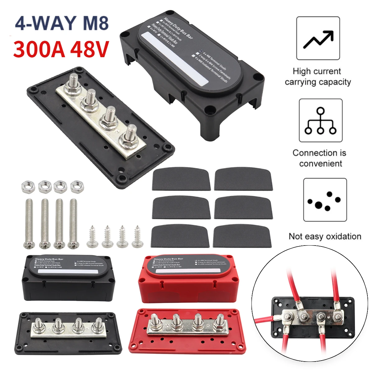 M8 Bus Bar Box Board 48V 300A 4 Way High Current Busbar Cable Organizer Box Boat Auto Max Connection Amplifier Power Case Parts