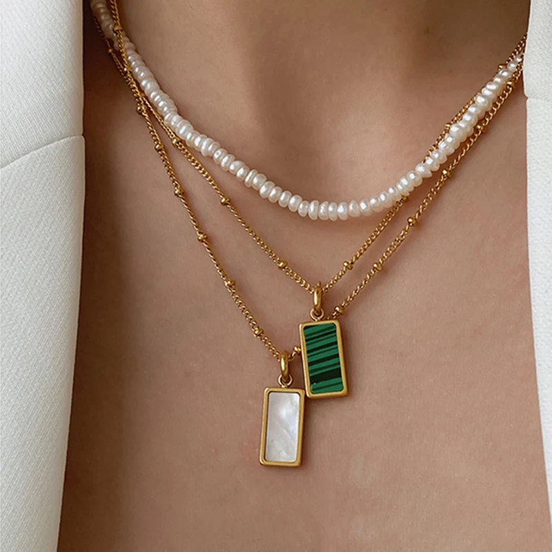Peri'sBox 3 Designs Rectangle Malachite Necklaces Abalone Shell Necklaces for Women Natural Shell Minimalist Necklace 2020 Hot image 3