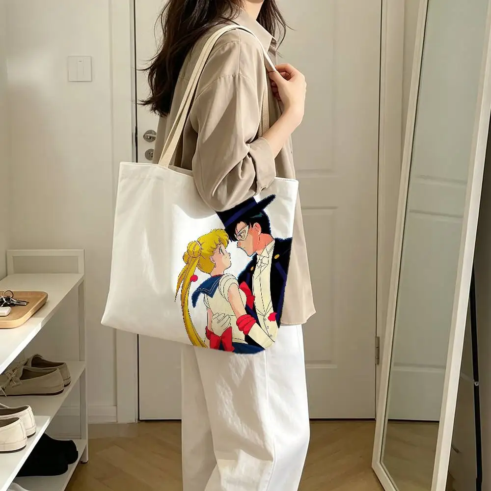 Cute S-Sailors M-Moon-es girls Print Canvas Tote Bag Handbag For Daily School Commute Casual Shoulder Bag