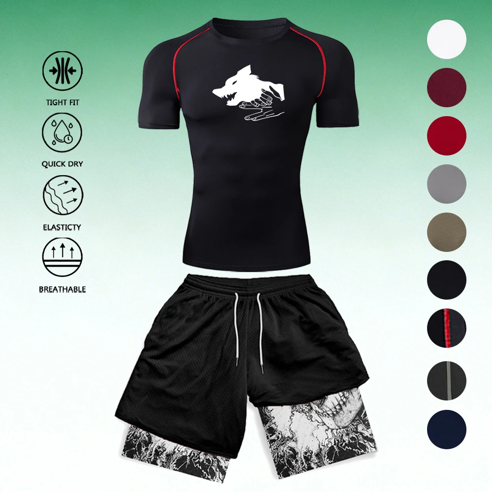 

Men's Compression Workout T-Shirt Wolf Head Print + 3D Double Layer Shorts Set Quick Dry Breathable Gym Running Sportswear