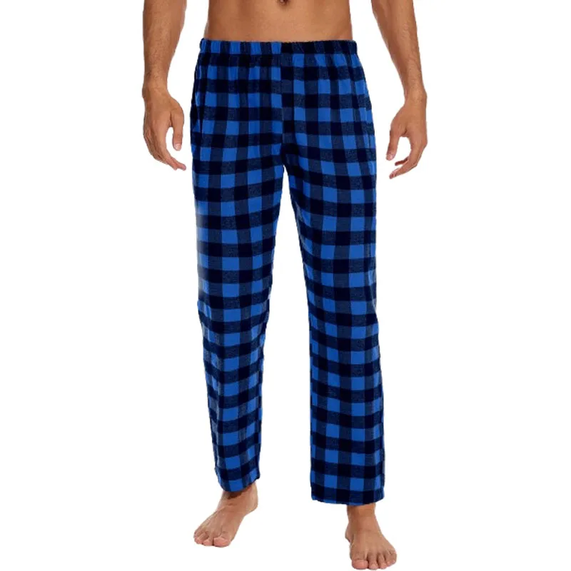 Men\'s fashion casual pajama trousers soft and comfortable loose elastic waistband plaid comfortable straight home leisure trouse