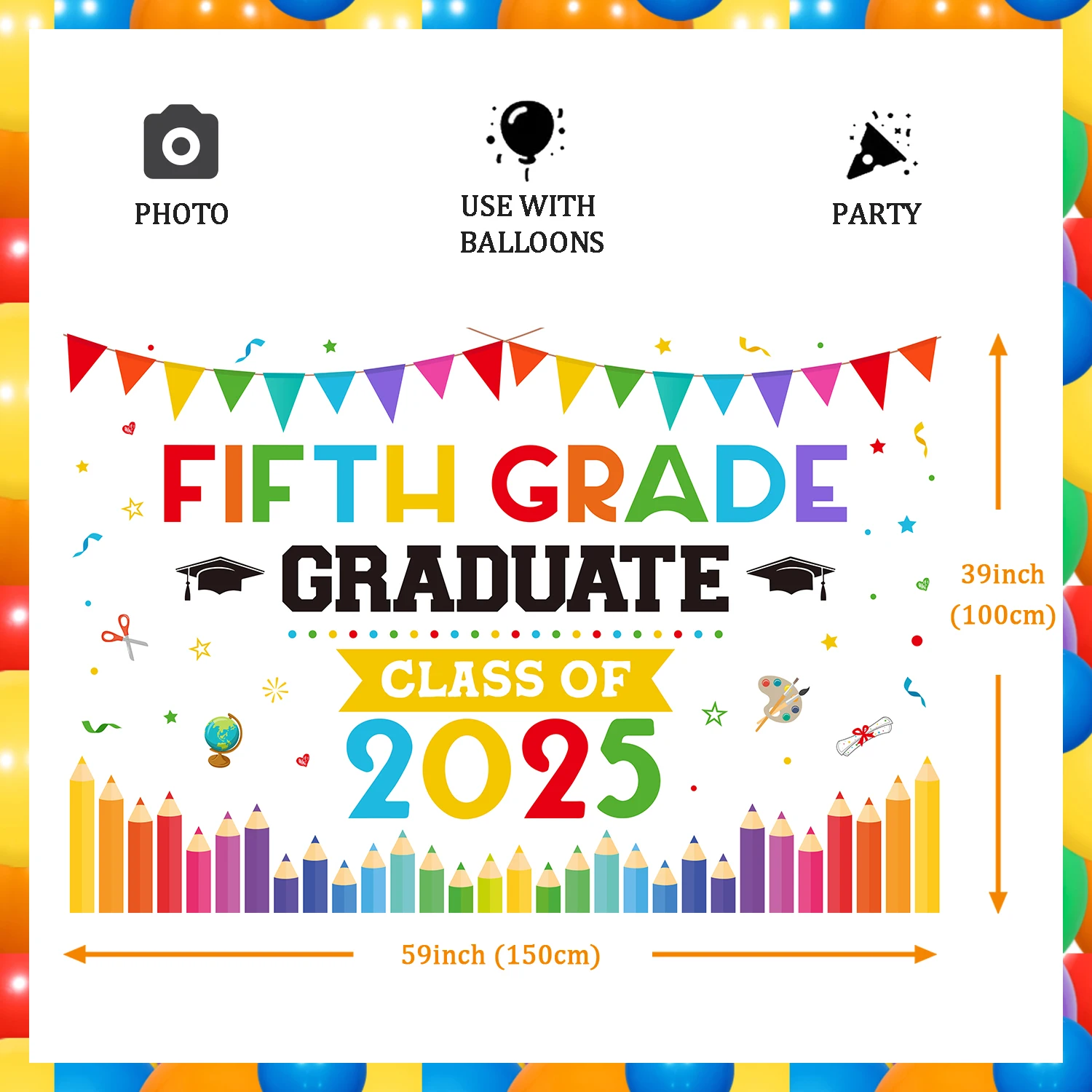 5th Grade Graduate Backdrop, 3.28 * 4.9ft Fifth Class of 2025 Photo Booth Props , Kids Classroom Banner 5th Grade Graduation