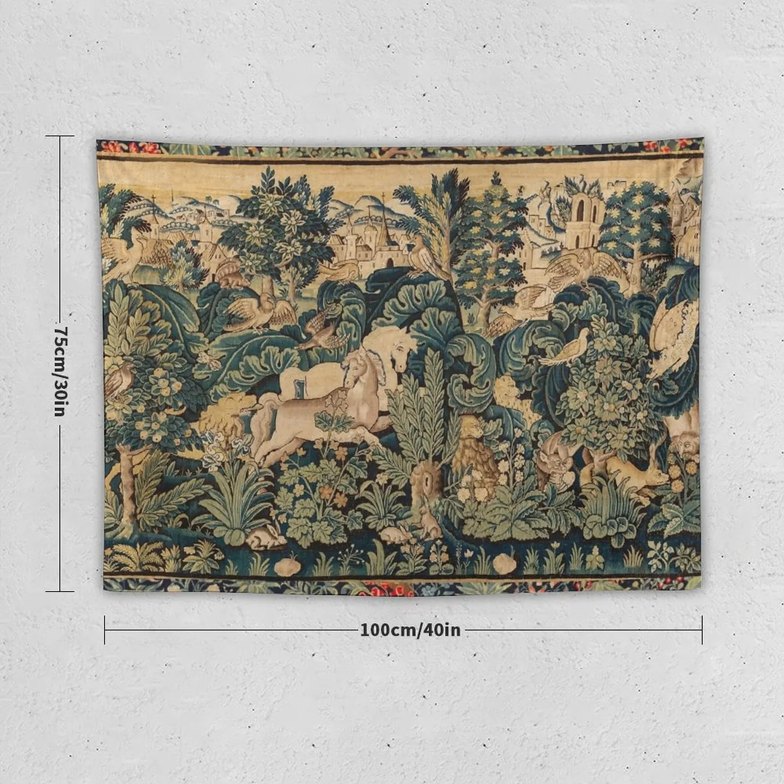 FANTASTIC ANIMALS AND HORSES IN WOODLAND Blue Green Ivory Antique French Tapestry Tapestry Wall Decorations Mushroom Tapestry