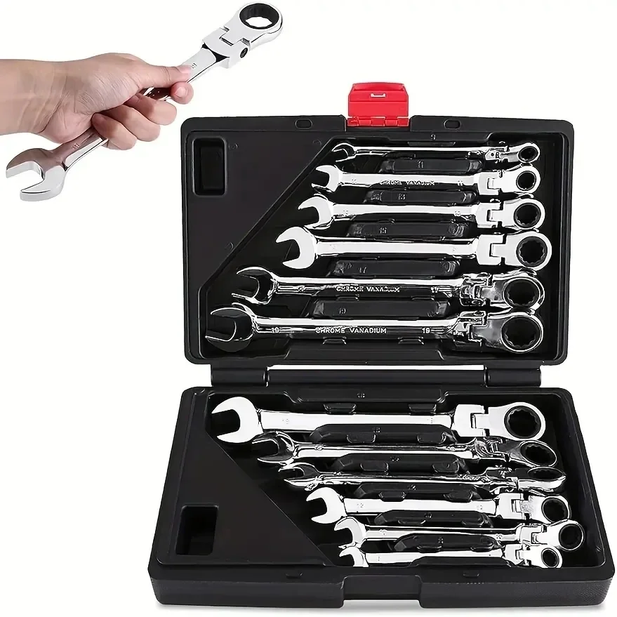 12-piece Flex-Head Ratcheting Wrench Set Metric Ratchet Spanner Tool Kit With Storage Case For Home And Auto Repair