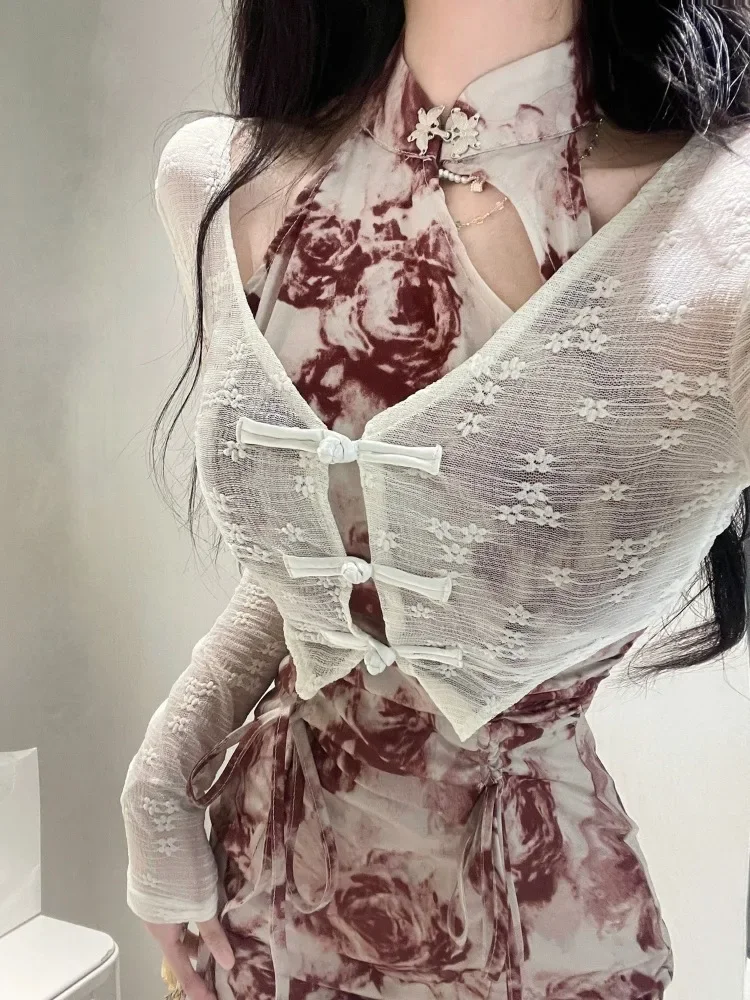 Conjunto de dos piezas de cárdigan de manga larga con protección solar y vestido Halter con estampado de rosas, cintura delgada china, Y2k, novedad de verano, 2024