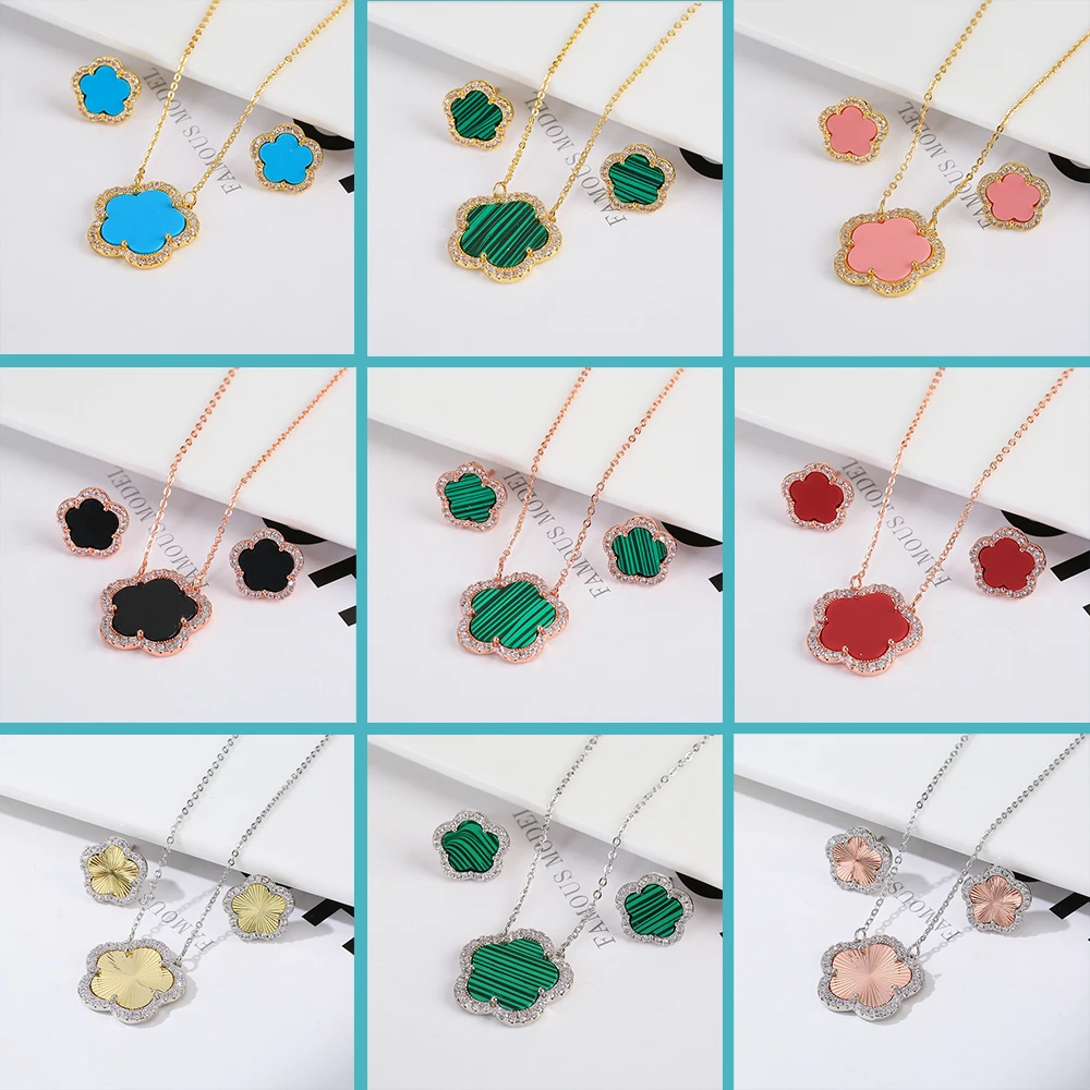 Top Quality Women Girls Five Leaf Flower Set Necklace Earrings Fashion Luxury Natural Stone Shell Set High Quality Jewelry Gifts