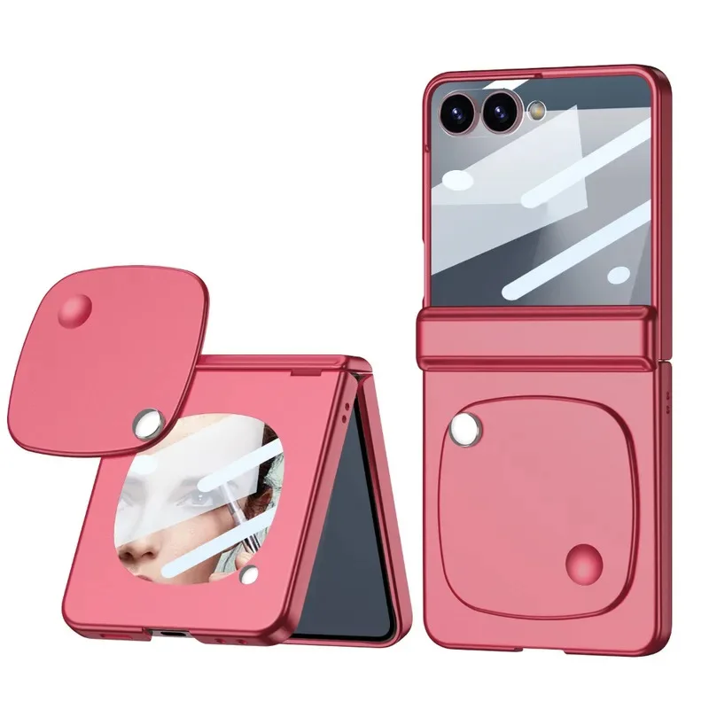 

Trendy Dopamine Skin Feel Phone Case with Makeup Mirror for Samsung Galaxy Z Flip 7 6 Magnetic Hinge Glass Screen Protect Cover