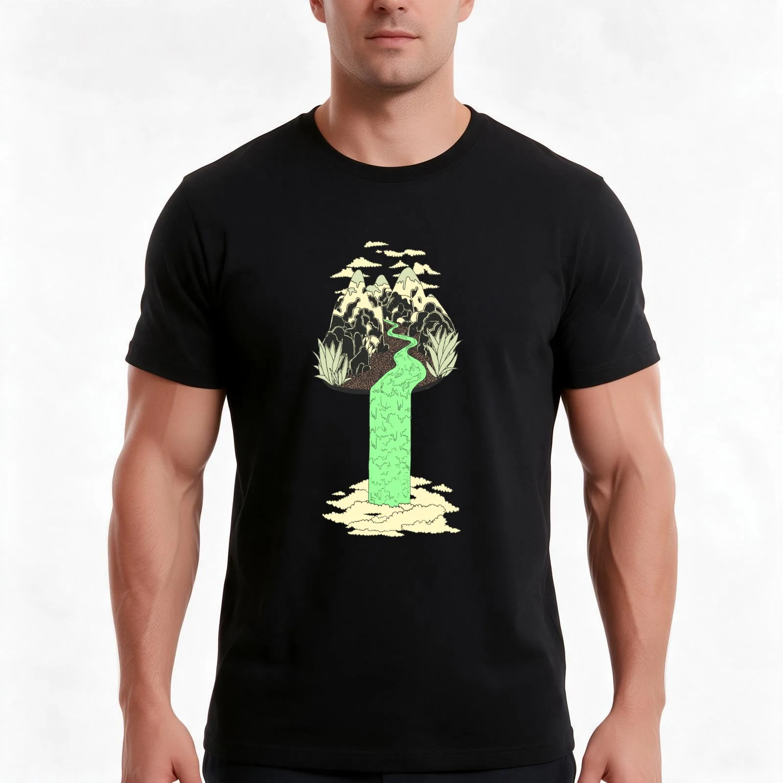Levitating Island with a Source coming from nowhere T-Shirt, Summer Casual Cotton Tee, Oversized Streetwear Tops, 100% Cotton