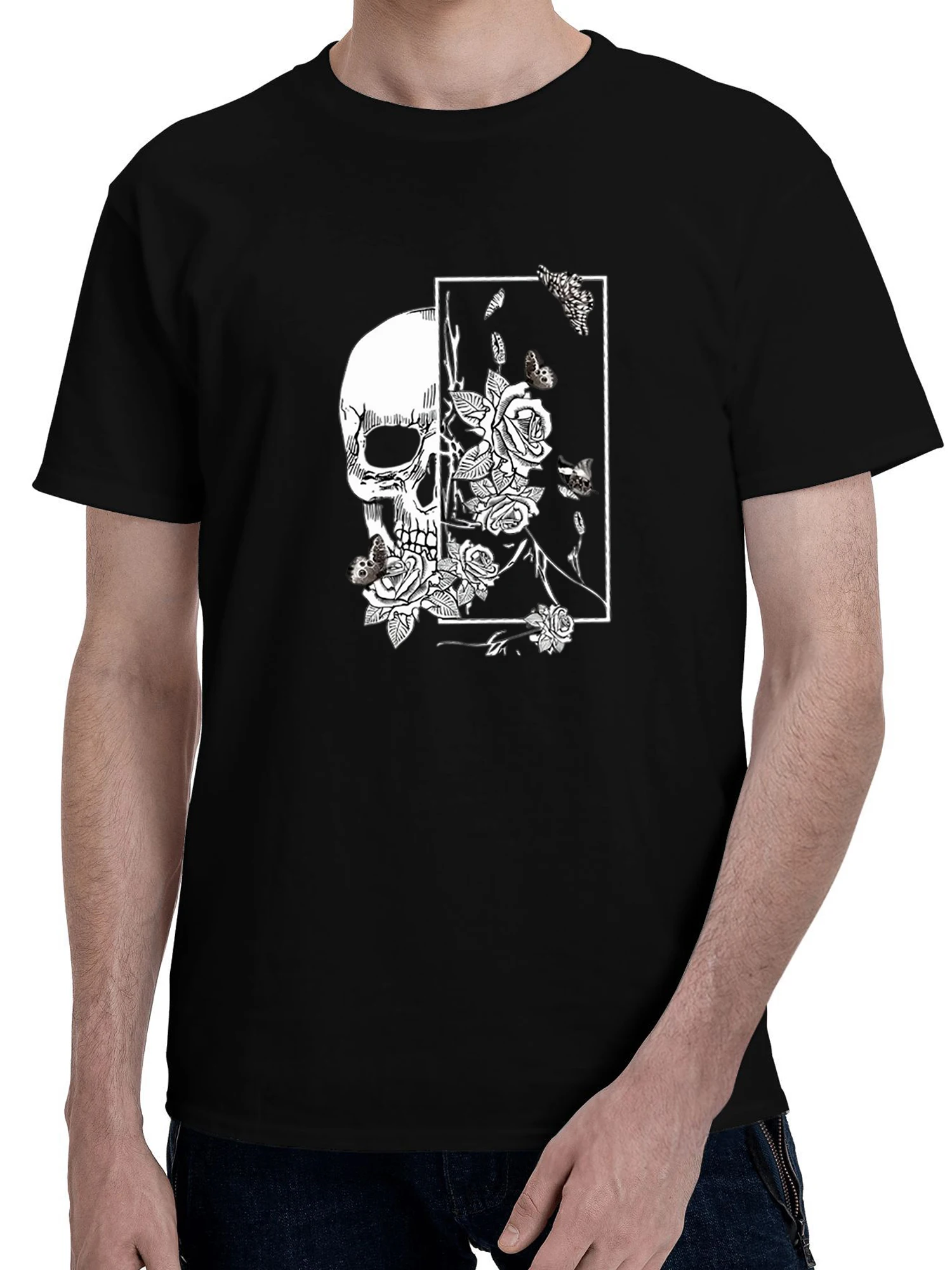 

Мужская футболка с графическим принтом в виде черепа и розы, черная повседневная хлопковая футболка в готическом стиле