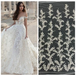Crystal Beaded Fabric 2022 2D Appliqued Leaves Design Off White Lace with Beads Sequins Wedding Dress Material High Quality