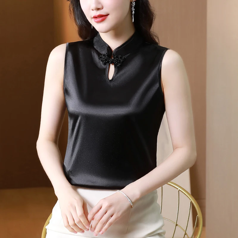 M-4XL Women Sleeveless Tank Top Korean Summer Silk Satin Shirt Stand collar OL Blouse