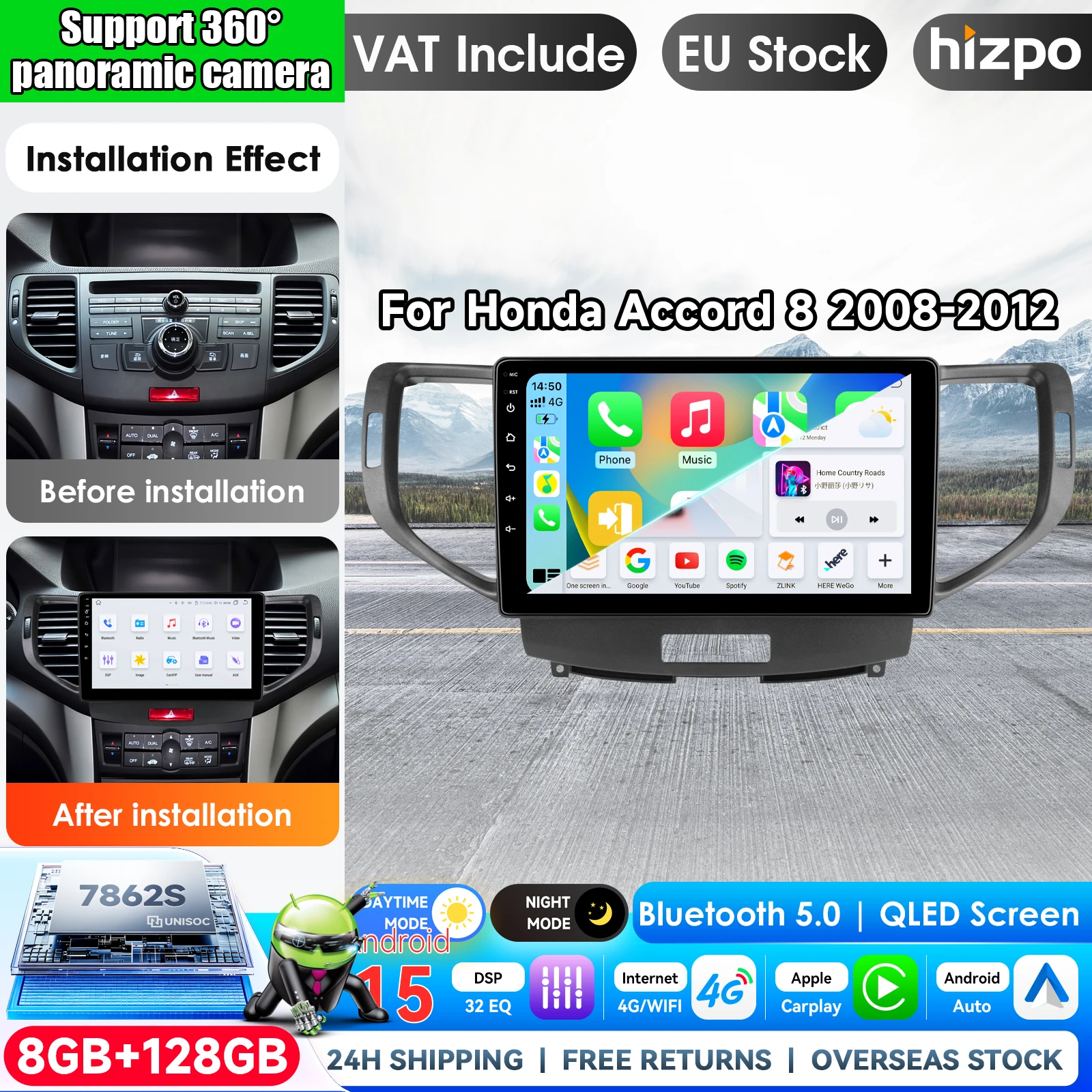 Autoradio stereo Hizpo Carplay, lettore multimediale video per auto, schermo per Honda Accord 8 2008 - 2012, Android 16, FM, 4G, GPS, BT, display touch, Airplay, lettore autoradio, stereo, navigazione