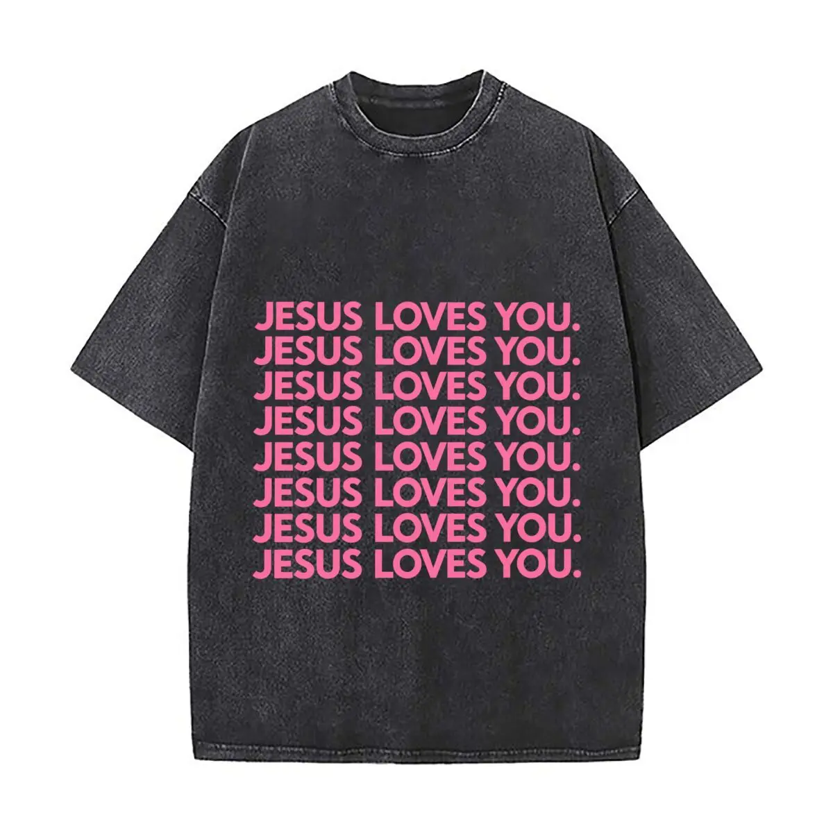 Jesus Loves You Repeated Pink Text Faith Message Vintage Distressed Loose Streetwear Tops