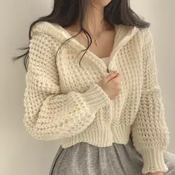 Women Knitwear Sweater Zipper Coat Korea Autumn Winter Hooded Cardigan Short Tops Design Sense Coarse Needle Lapel Collar Loose