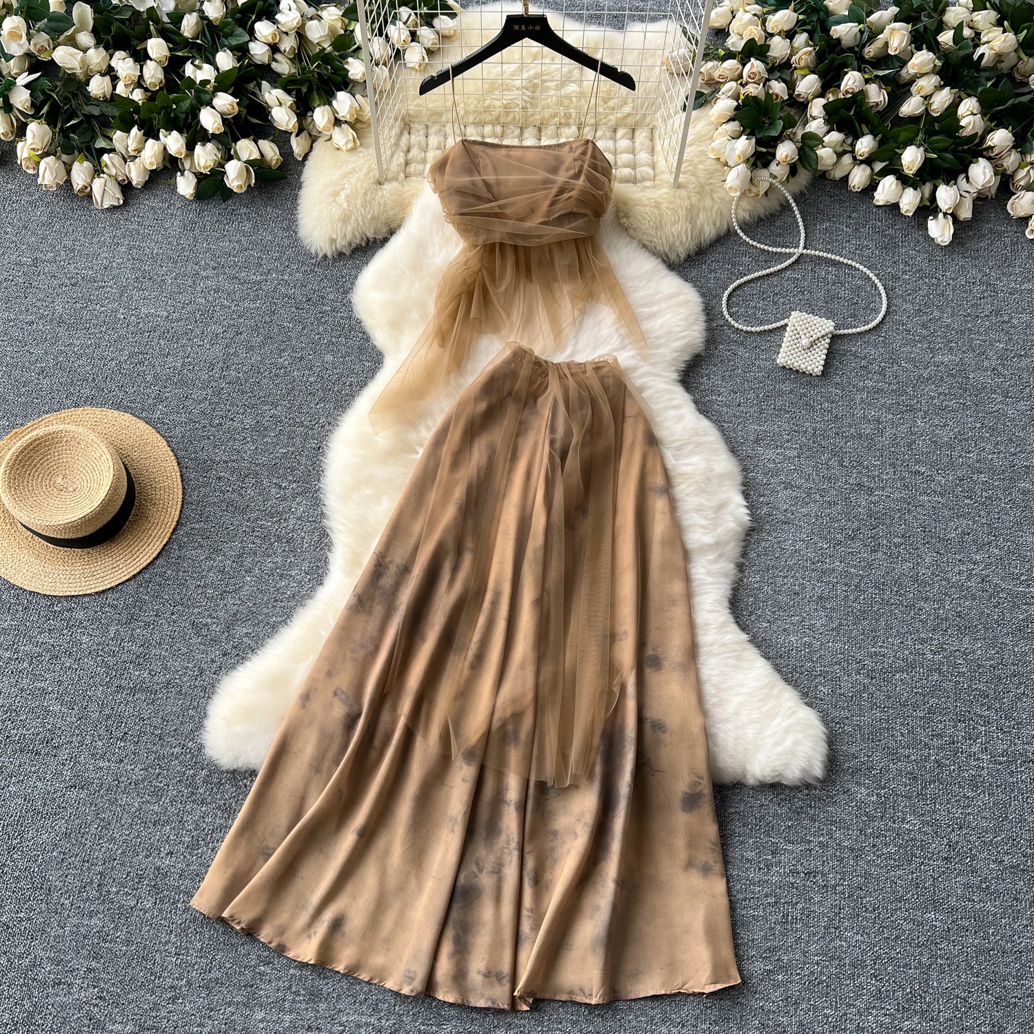 Summer Mesh Beach Two Piece Set For Women Fashion Backless Top+high Waist A Line Long Skirt 2 Piece Sets Womens Sexy Outfit