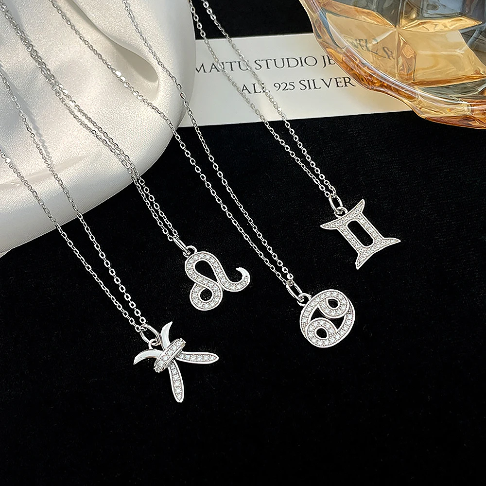 Signs of The Zodiac Moissanite Diamond Pendant Necklaces for Women 100% S925 Sterling Silver Plated 18k Gold Clavicle Neck Chain