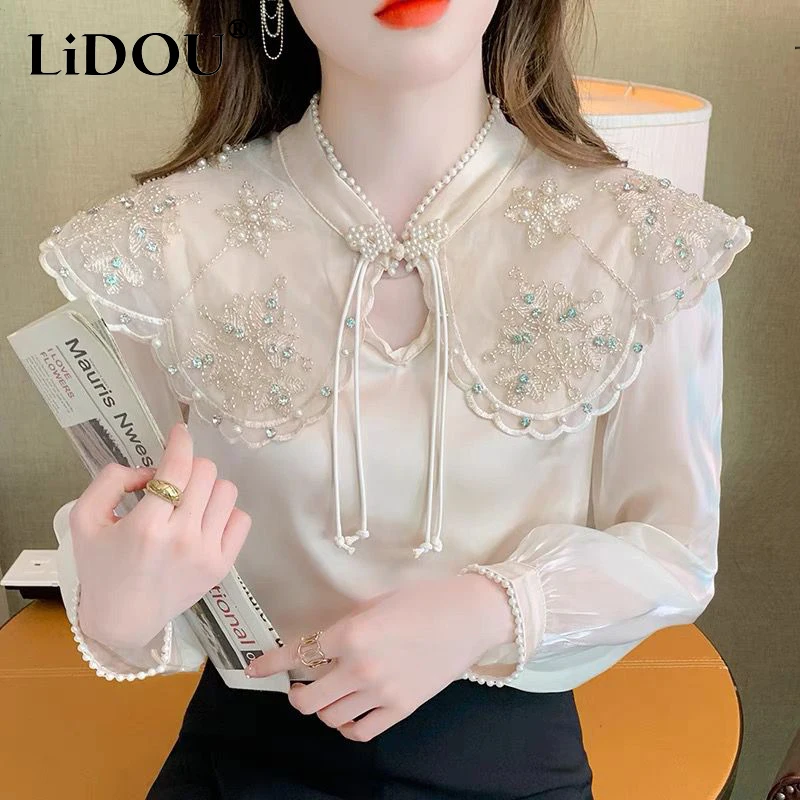 

Spring Autumn Stand Collar Vintage Beading Diamons Elegant Fashion Shirt Ladies Long Sleeve 3D Embroidery Satin Blouse Top Women