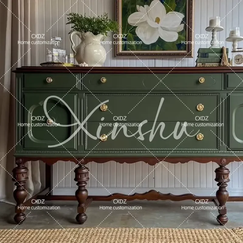 Contrasting Color Solid Wood Porch Cabinet Entry Foyer Partition Retro Living Room Engraved Dining Side Cabinet