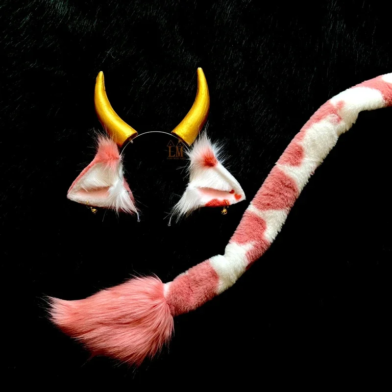 Handmade Simulation Animal Dairy Cow Ox Ears Horns Hairhoop Beast Fox Headwear Tail For Halloween Christmas Party Cosplay Prop