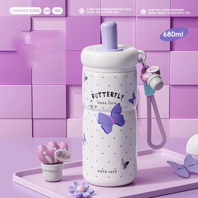 

COOKER KING Thermos Cup Vacuum Flask with Straw Stainless Steel Ceramic Inner Insulated Cup Cartoon Travel Mug Water Bottle