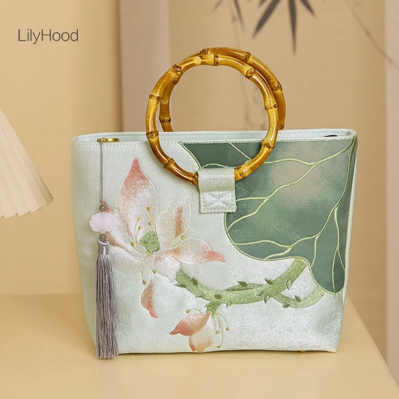 Female Retro Chic Fabric Floral Embroidery Square Bamboo Top-handle Tote Bag Vintage Cottage Core Big Capacity Evening Handbag