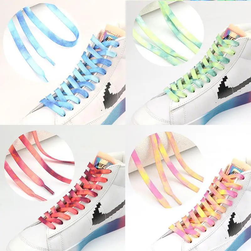 Colorful Tie Dye Printed Double-Layer Flat Shoelaces Personalized for Sports White Shoes Fashionable Blending INS Style