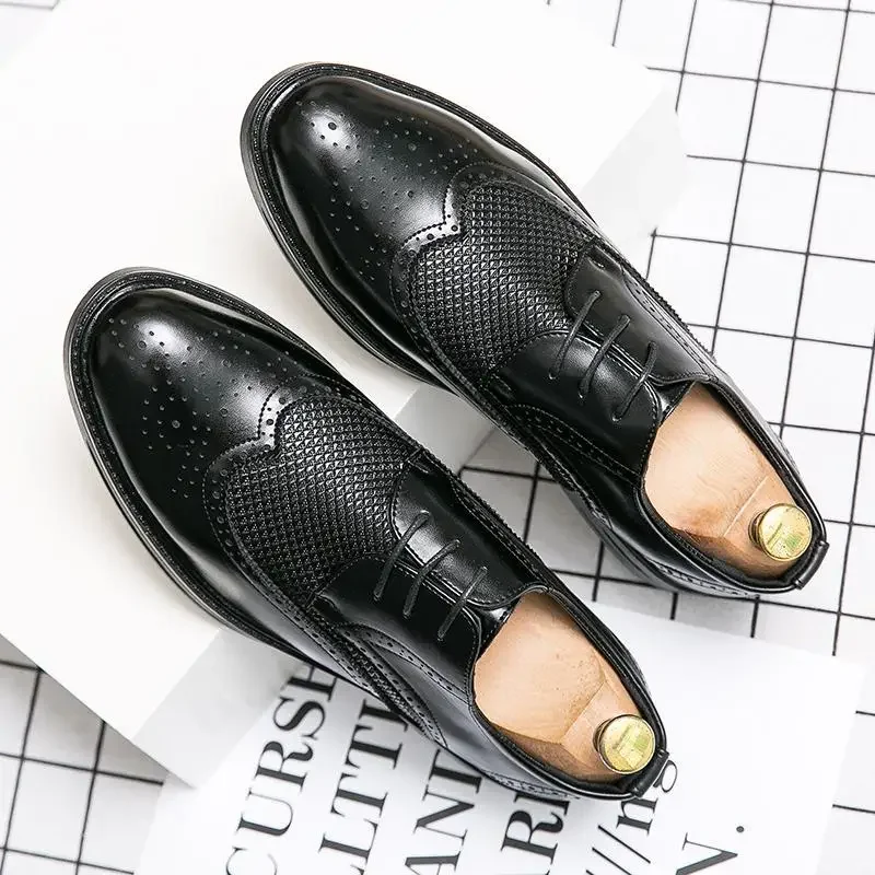 Leather Shoes Men's Suit Wedding Retro British Korean Dress Shoes Bridegroom Brogue Hair Stylist