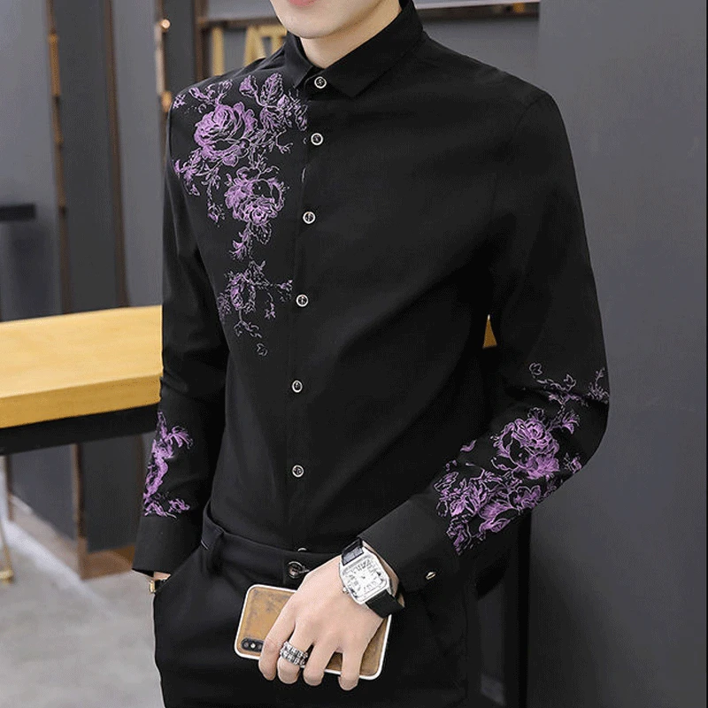 Spring Business Casual Long-sleeved Polo Collar Men\'s Shirt Button Floral Printing Korean Fashion Slimming Fashion Commute Tops