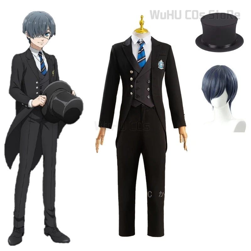 Black Butler Ciel Phantomhive Cosplay Costume Wig Anime Kuroshitsuji Outfit Public School Uniform Halloween All Black Men Suit