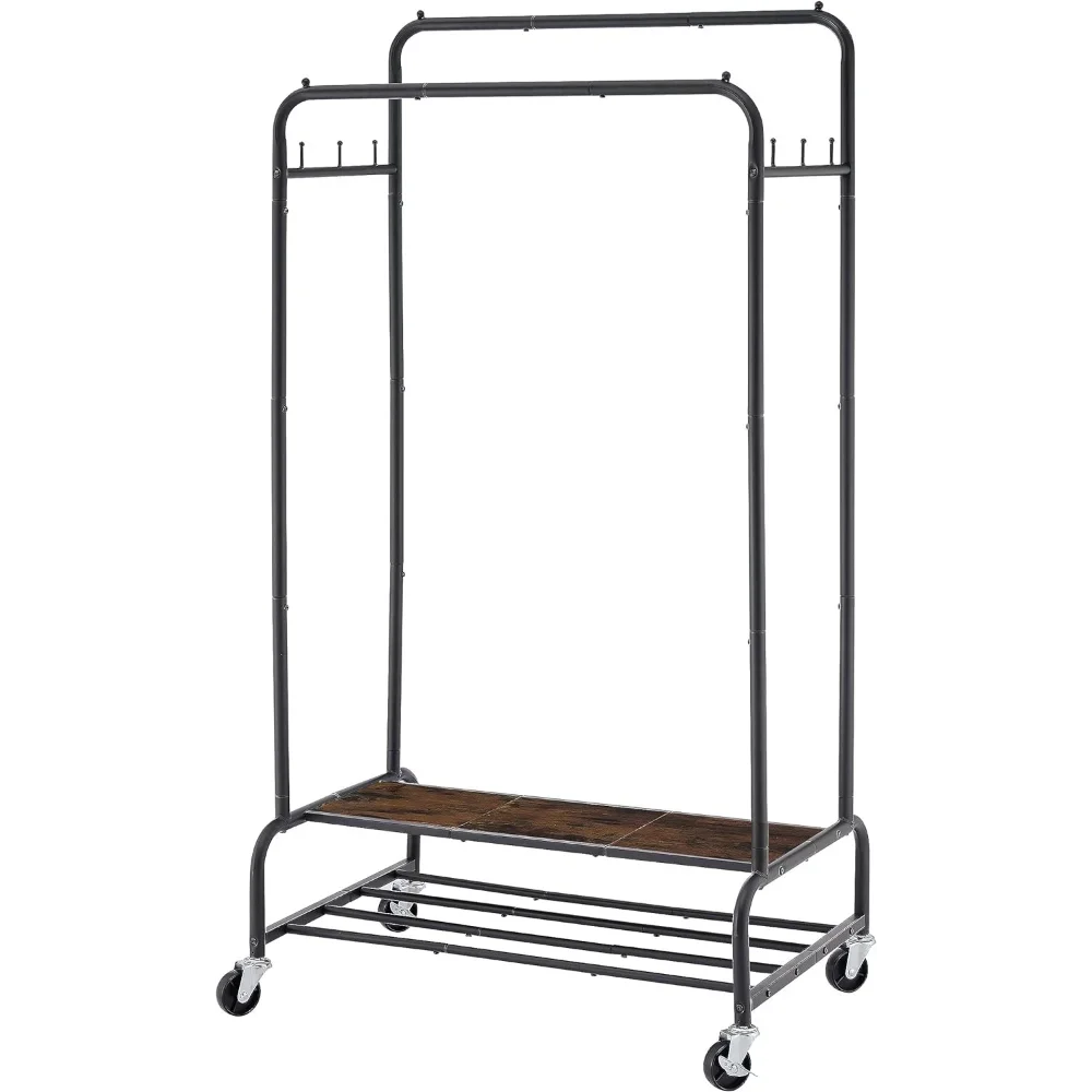 

Clothes Rack with Shelves,Industrial Pipe Garment Rack,Rolling Heavy Duty Double Rods Clothes Hanging Rack