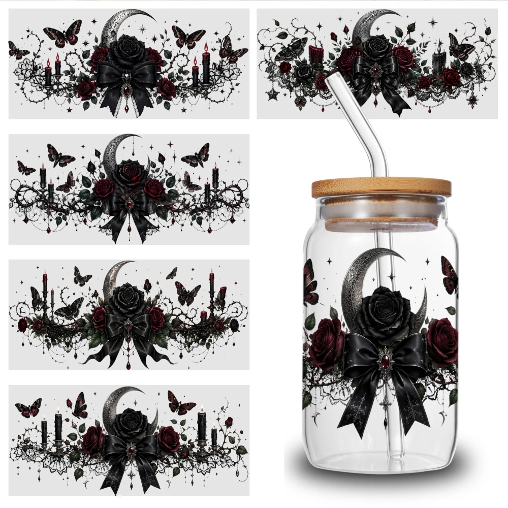 5 Sheets Gothic Rose Moon Butterfly Candle Vine Pattern UV DTF Stickers UV DTF Transfer Stickers for Glass Cups Cups Decoration