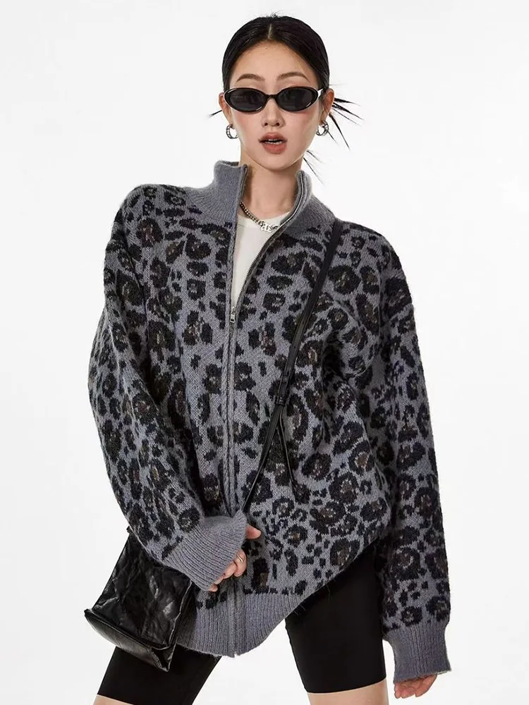 

Y2K Vintage Leopard Cardigan Women Streetwear Loose Stand Collar American Knitted Sweater Harajuku Retro Long Sleeve Soft Tops