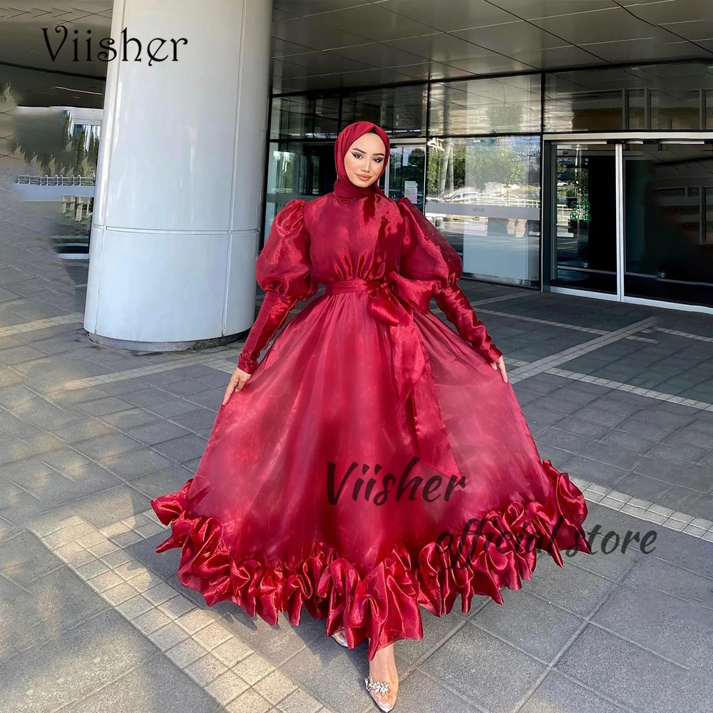 

Viisher Red Organza A Line Evening Dresses Long Sleeve Arabian Dubai Formal Occasion Dress A Line Ankle Length Prom Gowns