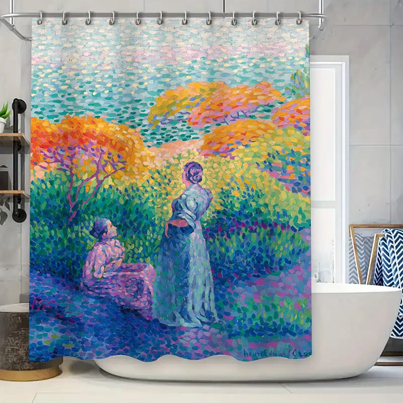 

Очаровательная акварельная занавеска для душа с пейзажем заката и женщиной в саду: декоративная ткань для украшения дома в ванной комнате