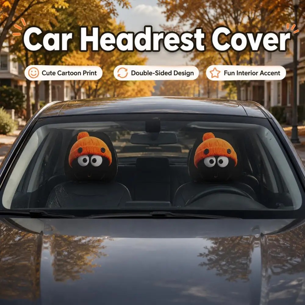 2PCS Orange Beanie Character Car Headrest Covers 2D Flat Big Eyes Surprised Print Black Kawaii Universal Auto Protector