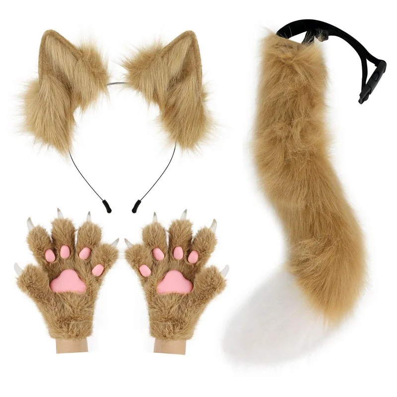

‌Fleece Fox Ears Headband Tail Paw Set Animal Cosplay Costume Furry Accessories Halloween Party Role Play Kitsune Style Gear