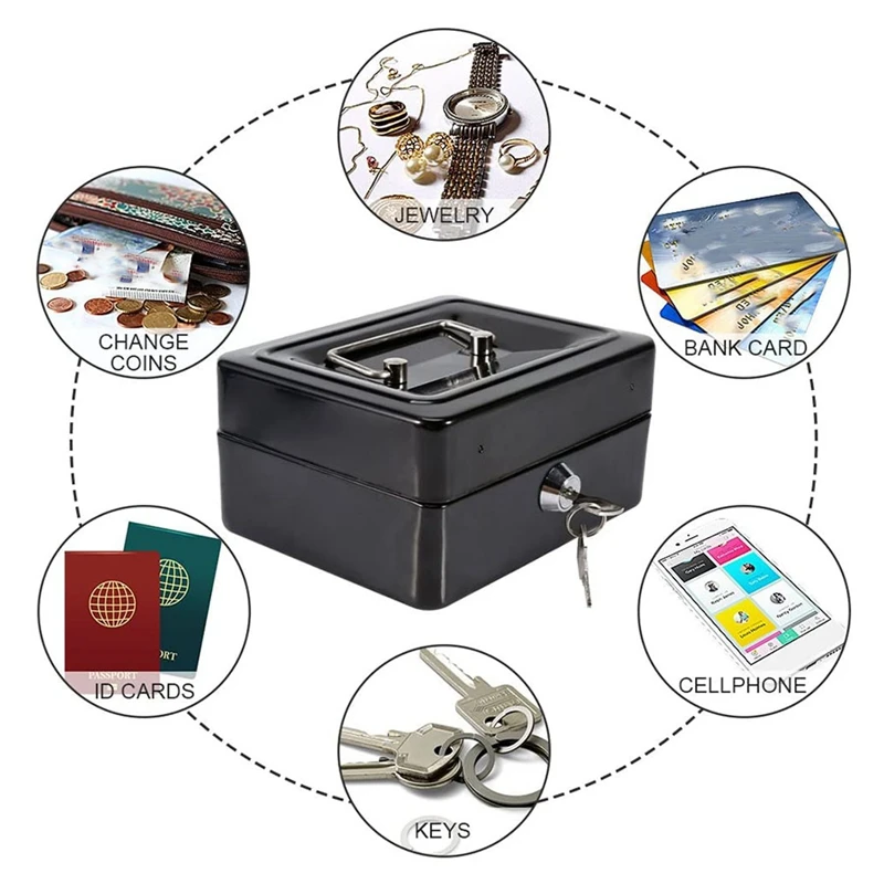 Petit coffre-fort avec serrure à clé, boîte de rangement portable, boîte en métal, boîte à monnaie avec verrouillage pour organiser les pièces de monnaie et les objets de valeur