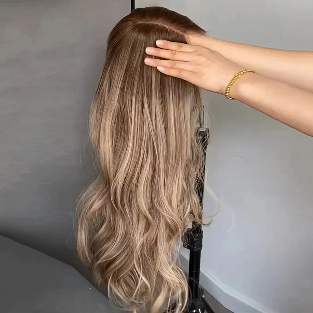 

Long Body Wave Synthetic Lace Front Wigs Balayage Ash Brown Melted Blonde Rooted HD Lace Wig Colored Highlight Hair for Women