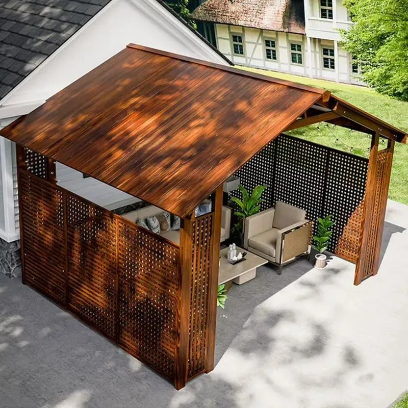 Modern Wooden Outdoor Pavilion Luxurious BBQ Gazebo with Windproof Waterproof Canopy for Hotel Villa Park