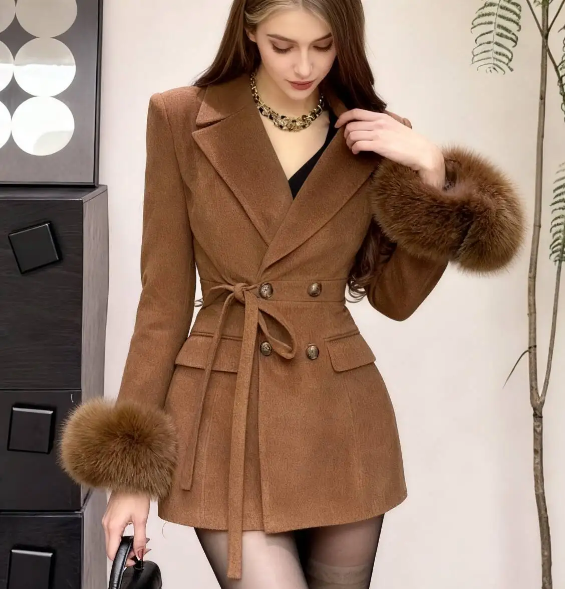 

Wool Blend Coats Womens Woolen Coat Red Winter Tweed Stand-Up Collar Double-Breasted Elegant Mature Classical Style Office Lady