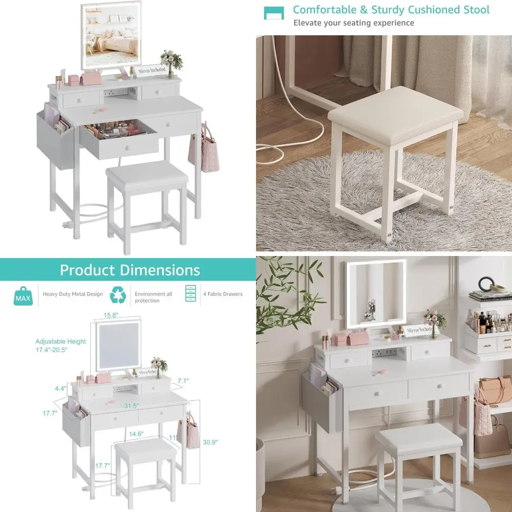 

Illuminated Makeup Vanity Desk with Mirror, Chair, and Drawers, Including Power Outlet