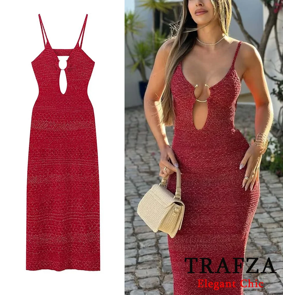 TRAFZA Elegant Sexy Knitted Halter Slim Dress Women\'s Spaghetti Strap Blackless Dress New 2024 Summer Fashion Date Dress