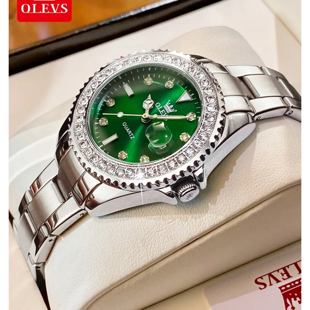 OLEVS 9945 Luxury Diamond Dial Quartz Watch For Women Waterproof Luminous Original Ladies Hand Clock Calendar Dress Wrist Watch