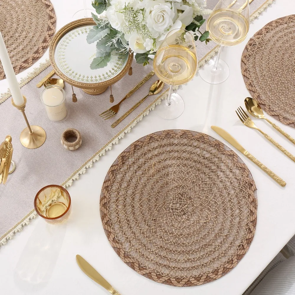 

4 Pieces Durable Woven Natural Jute Place Mat Non-Slip Heat Insulation Dish Mat Round Wear-resistant Tableware Mat Hotel