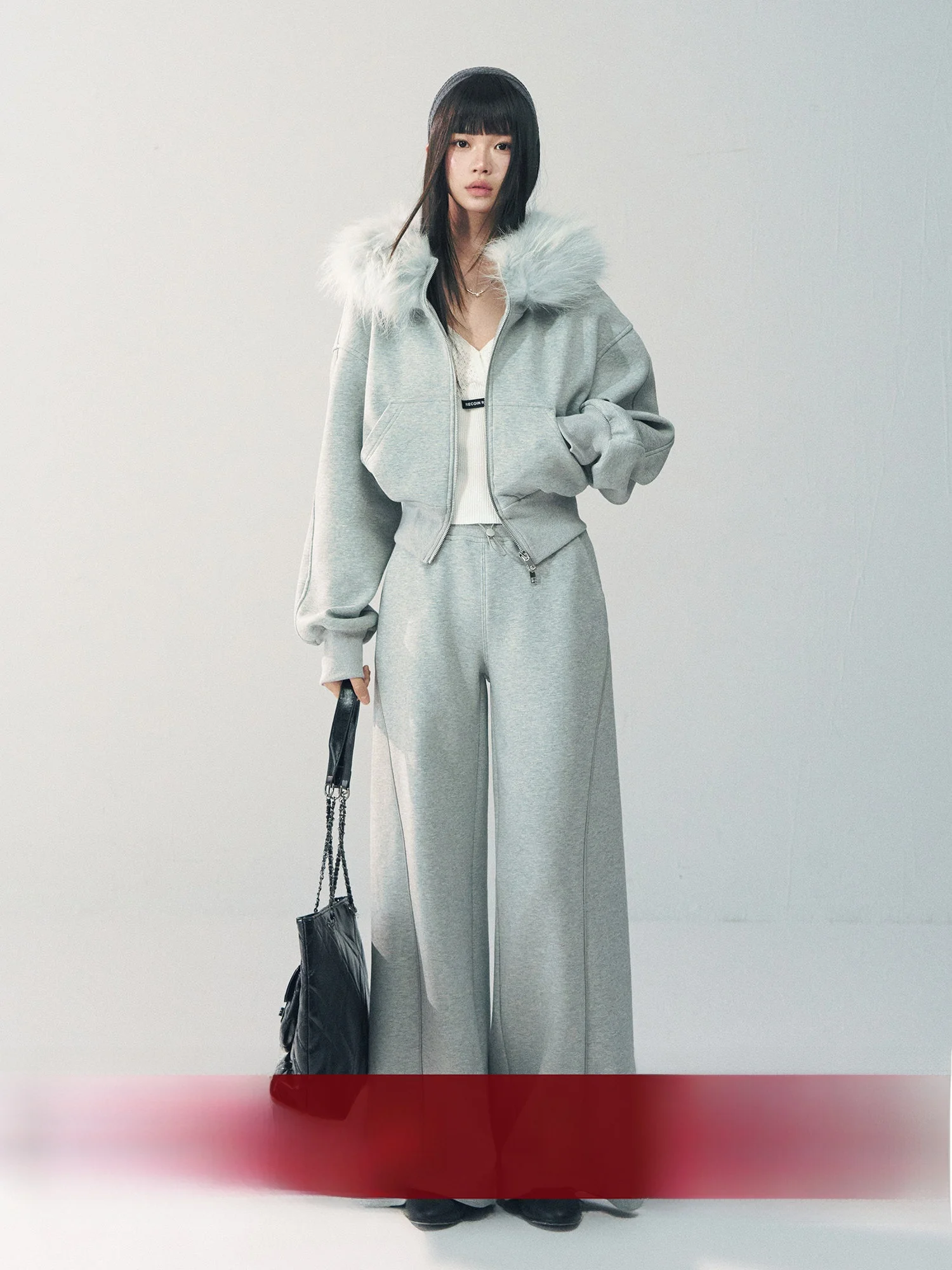 

RECOIN R1C Detachable Real Fur Collar Waist-Cinching Grey Hoodie Jacket Women's Sweatpants Set Early Spring Fashion Ensemble