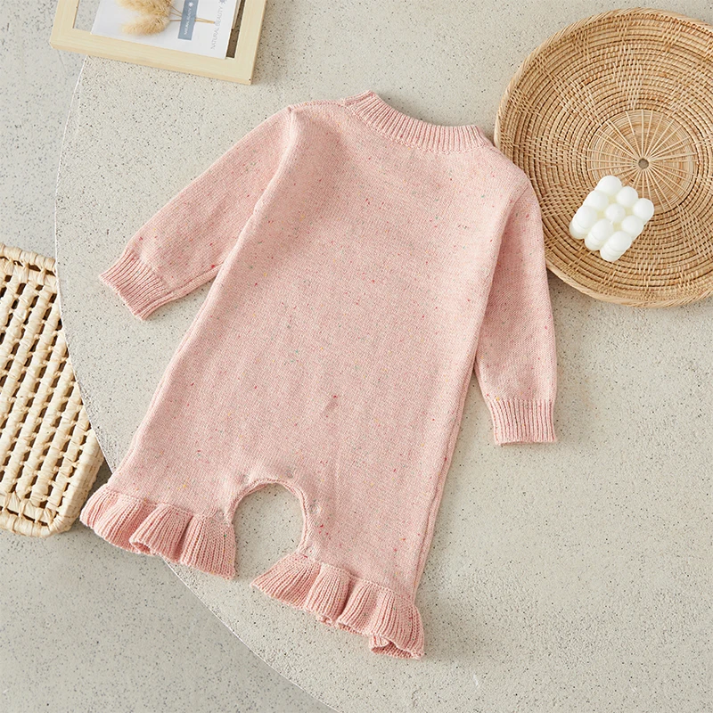 Suefunskry Newborn Baby Girls Sweater Romper Solid Color Speckled Long Sleeve Flare Jumpsuits for Infant Toddler Fashion Clothes