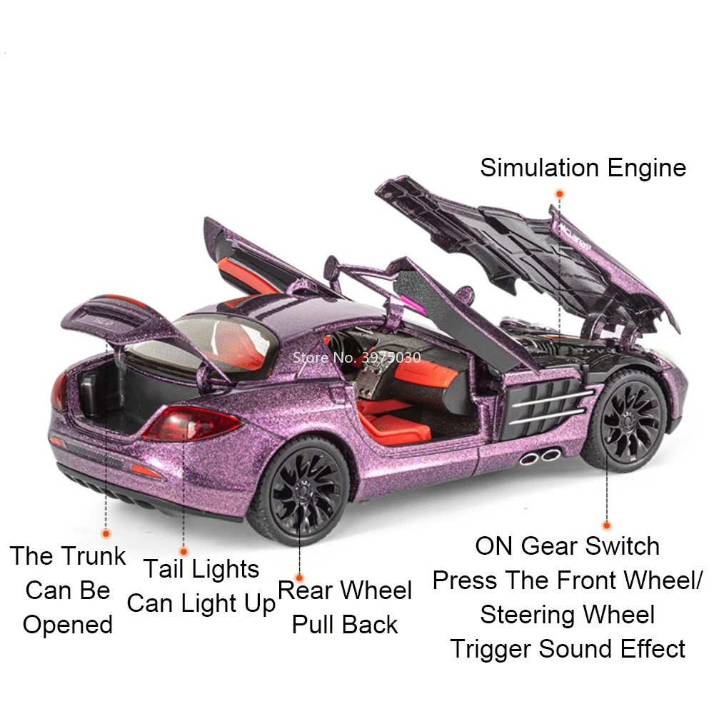 1:24 Benz SLR Modelli di auto Pressofusi in lega Ruota giocattolo Tirare indietro Auto sportiva in miniatura con musica leggera Veicolo Decorazione per bambini Regali