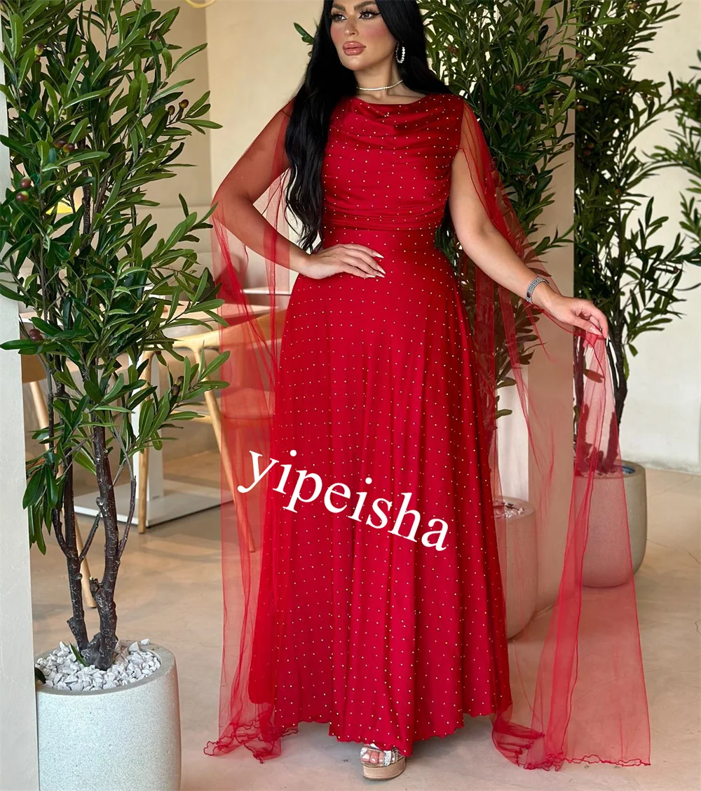 Customized Saudi Arabia     Jersey Rhinestone Christmas A-line O-Neck Bespoke Occasion Gown Midi es  Dresses